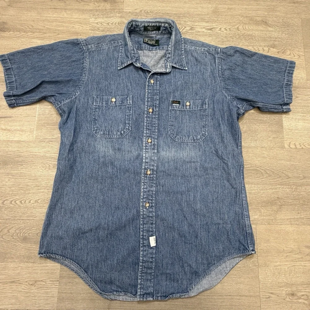 Vintage 90s Polo Ralph Lauren Denim Shirt Mens M USA Short Sleeve Workwear